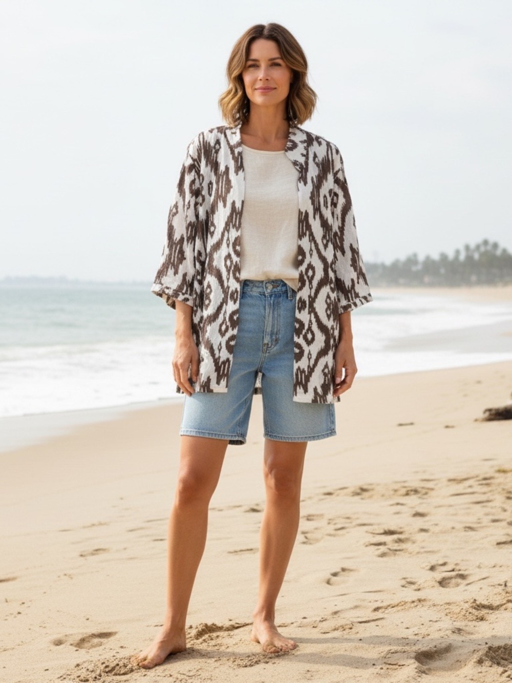 100% linen CHICOS XL Open-Front Ikat Long Cardigan in White & Brown beach layer